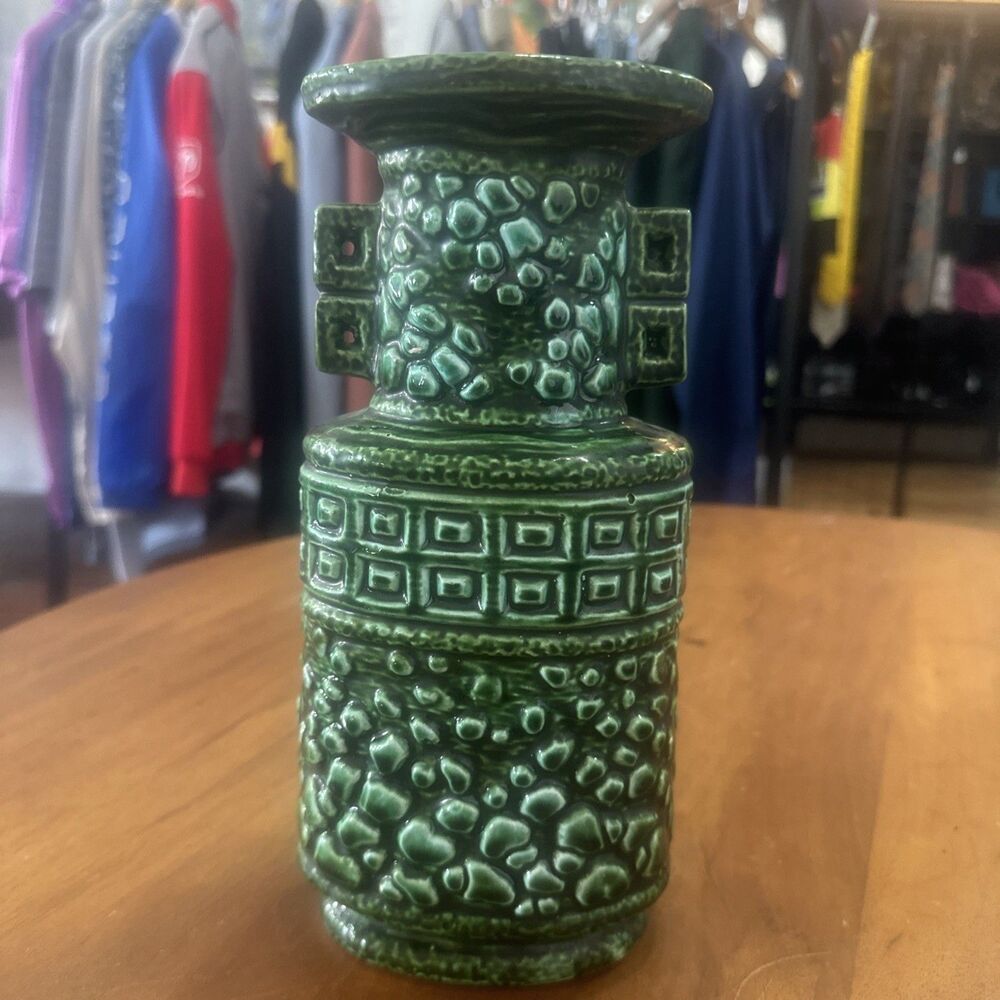 Mid Century Modern Astec Style Vase Green double handles 1960-1970